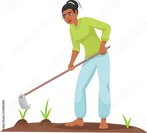 Asian woman growing rice on farm. Indian rural character