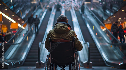 Wheelchair user at base of escalator, a stark portrayal of the accessibility gap in public spaces
