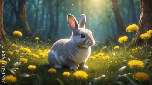 Bunny rabbit in Spring sitting in green grass next to yellow dandelion flowers with a magical glowing forest of trees in the background