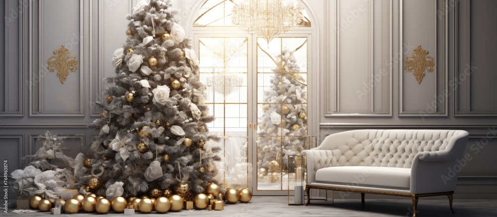 A Christmas tree adorned in gold decorations standing in a room with a white couch, creating a festive and elegant holiday atmosphere A Christmas tree adorned in gold decorations standing in a room with a white couch, creating a festive and elegant holiday atmosphere