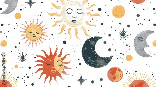 Boho wall décor. Mid century art print. Seamless pattern with sun and moon. Trendy texture for print, textile, packaging.