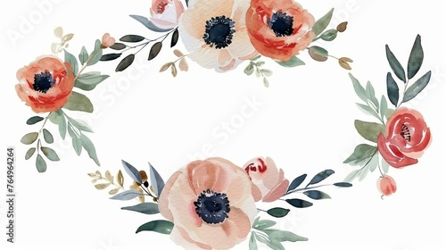 A watercolor vintage flowers wreath with hand painted roses, ranunculus, anemones, leaves and floral elements. Modern graphics.