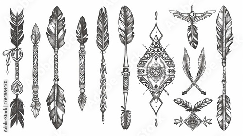 Handdrawn hipster illustration of an arrow set in Native American Indian style. Boho design, tattoo art, coloring book for adults.