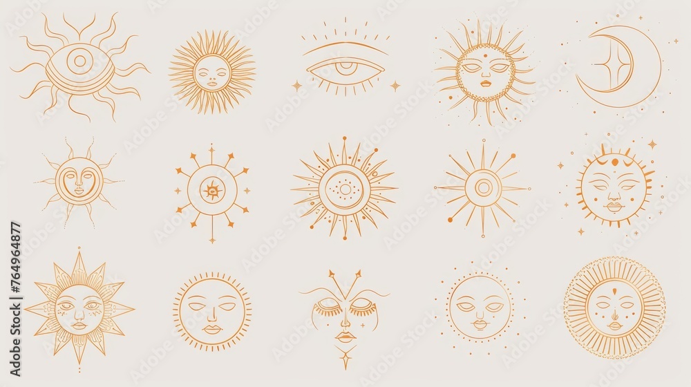 Set of linear boho icons and symbols - sun logo design templates and prints - abstract design elements for decoration in modern minimalist style Set of linear boho icons and symbols - sun logo design templates and prints - abstract design elements for decoration in modern minimalist style