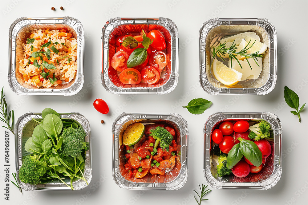 Top view collection of take away foil boxes with healthy food. Generative AI. Top view collection of take away foil boxes with healthy food. Generative AI.