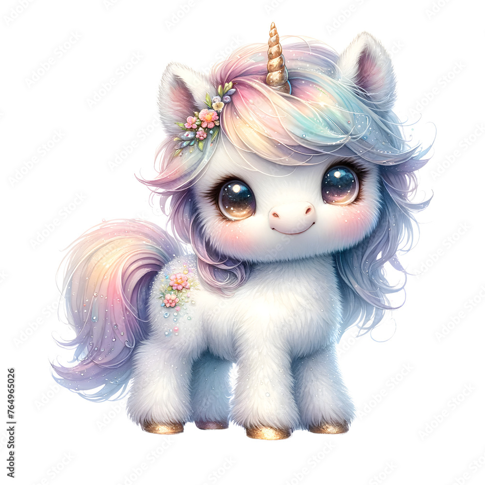 A charming illustration of a cute unicorn with twinkling eyes, a pastel-colored mane adorned with flowers, exuding innocence and magic. A charming illustration of a cute unicorn with twinkling eyes, a pastel-colored mane adorned with flowers, exuding innocence and magic.