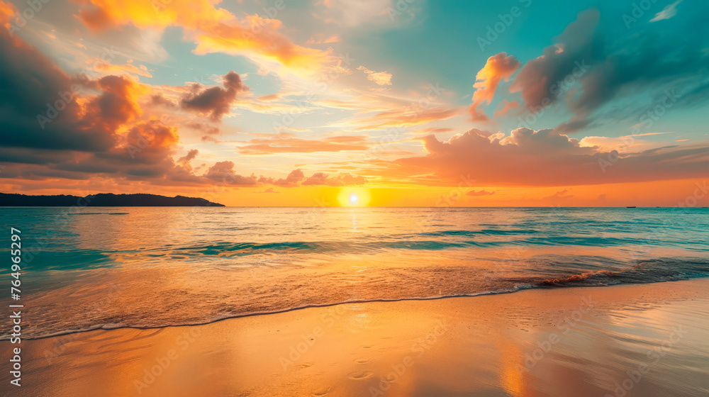 a tropical beach panorama, emphasizing the vast horizon where the sky meets the sea.