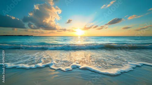 a tropical beach panorama, emphasizing the vast horizon where the sky meets the sea. © 3r1k_ai