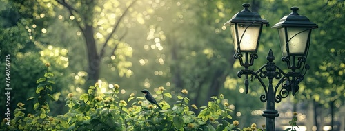 two black forged metal street lamps in a city park, accentuated by lush greenery and the presence of a bird nearby, evoking a sense of tranquility.