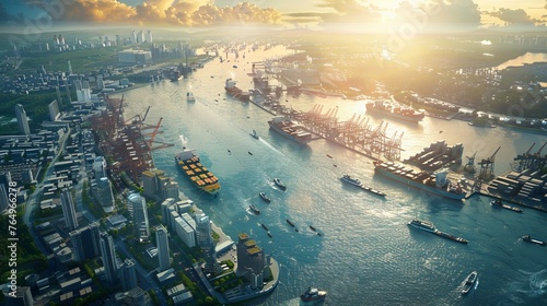 Harbor Hustle Dynamic Aerial Shot of Thriving Port City Highlighting Global Trade and Maritime Activity