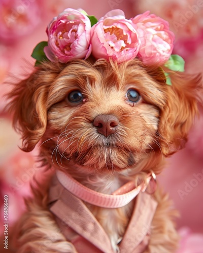 A cute puppy with soulful eyes is dressed up with a floral headpiece and a dapper necktie, set against a rosy backdrop