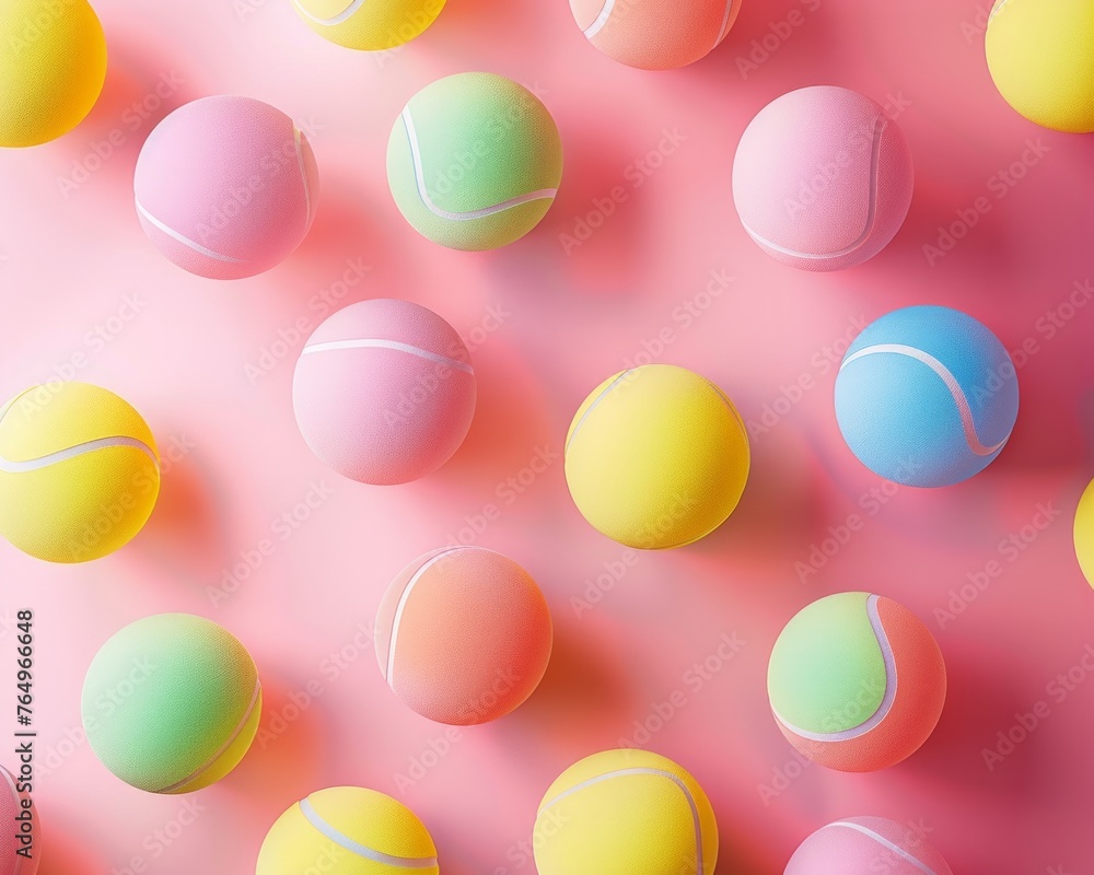 A creative display of tennis balls with smooth pastel hues, elegantly spread across the canvas creating a soothing visual A creative display of tennis balls with smooth pastel hues, elegantly spread across the canvas creating a soothing visual