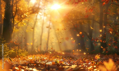 Autumn background with bright orange falling leaves, bokeh light and copy space 