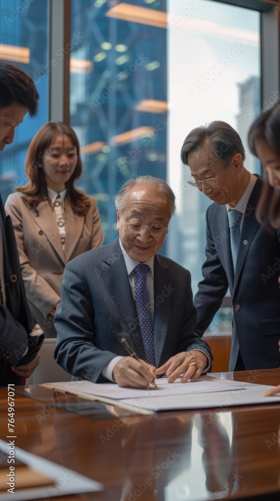 Fototapeta premium A distinguished elderly man in a suit signs an important document in an office setting, surrounded by colleagues