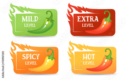 Chili pepper spicy level icon, mild, medium hot and hell level.