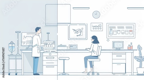 An examination of a patient is taking place in a hospital laboratory. Design style flat and minimal modern illustration.