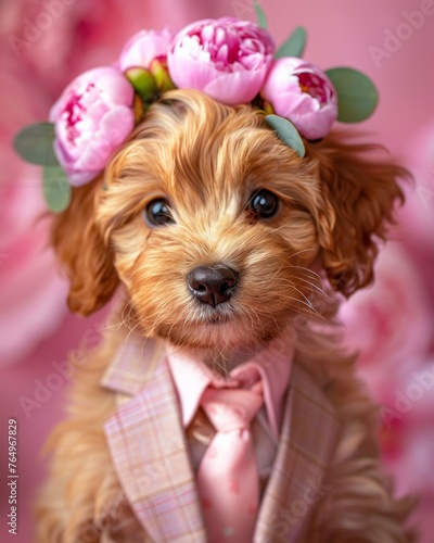 This well-groomed, brown-furred canine models an elegant pink necktie and a matching floral crown with twinkling eyes