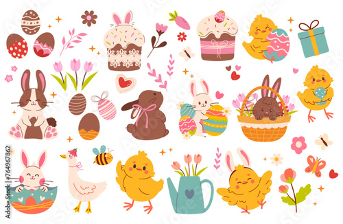 Very big Set of easter elements. Cute Easter set. Spring collection of animals, flowers, Easter cakes, chocolate eggs and decorations. For poster, card, scrapbooking , stickers