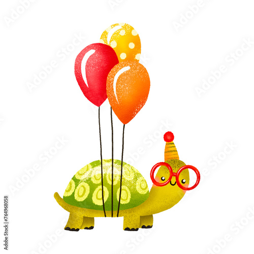 Turtle flies on balloons. Birthday illustration. Cute kids cartoon holiday illustration for children's birthday and baby shower. Celebrate