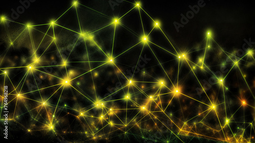 Abstract digital artwork of a luminous network with interconnected yellow lines and nodes on a textured black background, depicting connectivity