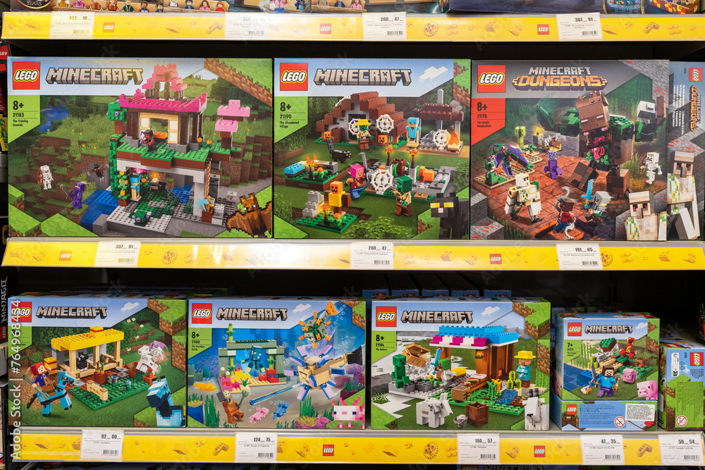 Naklejka premium LEGO Minecraft sets on store shelves. Lego construction kits for sale at Lego Store. Minsk, Belarus - March 22, 2024