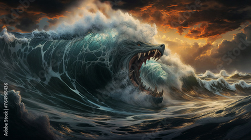 A Fantastical Depiction of a Towering Wave with a Fierce Wolf's Visage against a Stormy Sunset Sky