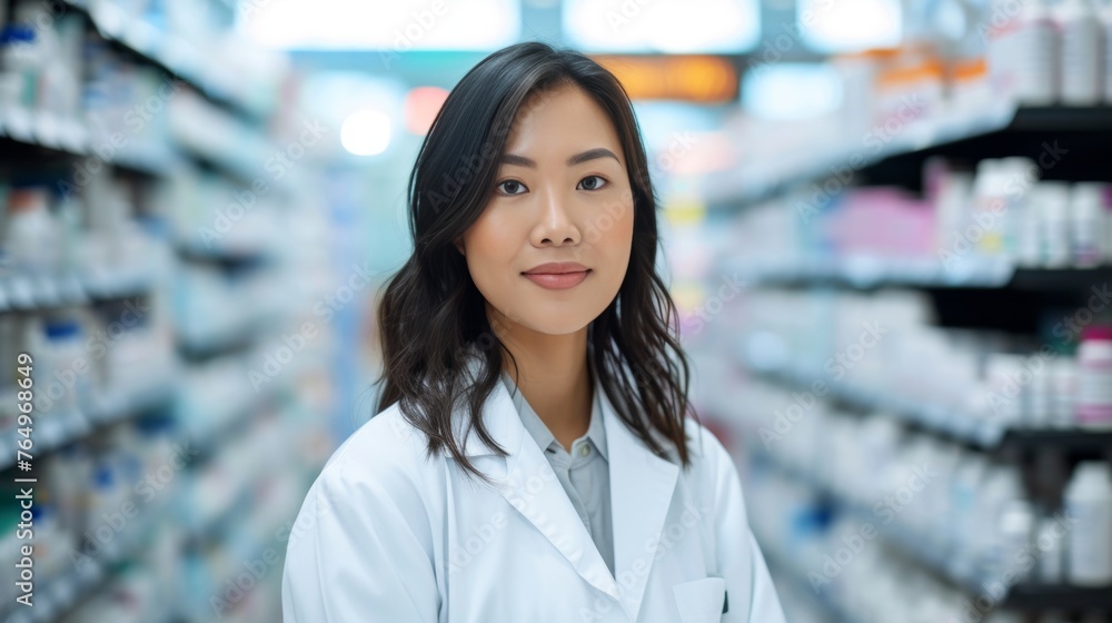 Portrait of an asian female smiling pharmacist in a drug store