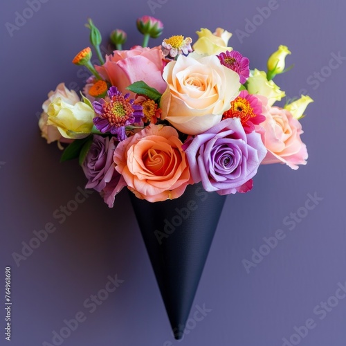 A stunning arrangement of colorful fresh flowers inside a modern black cone against a purple backdrop