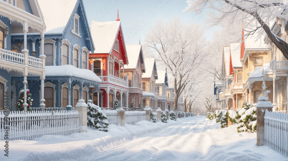 Ahead stretches a snow-covered street, surrounded by houses and trees covered with snow. Pristine white landscape creates a serene atmosphere
