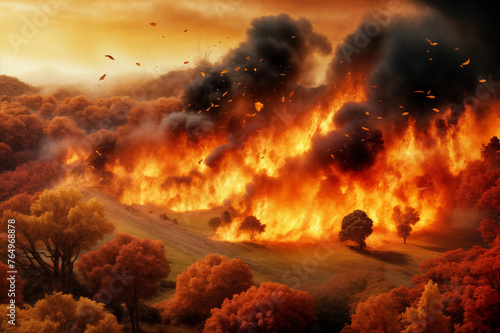 A large fire blazes across a field, engulfing everything in its path. Flames rage high, causing destruction to the surrounding area