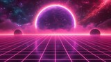 80s synthwave background with a grid, dark pink and purple colors, a neon planet in the sky, a 3D illustration