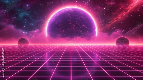 80s synthwave background with a grid, dark pink and purple colors, a neon planet in the sky, a 3D illustration photo