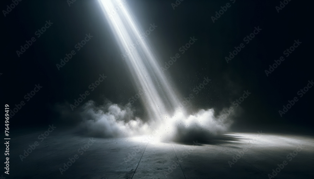 Spotlight and smoke creating a theatrical effect in a darkened room. Performance and atmosphere concept. Generative AI Spotlight and smoke creating a theatrical effect in a darkened room. Performance and atmosphere concept. Generative AI
