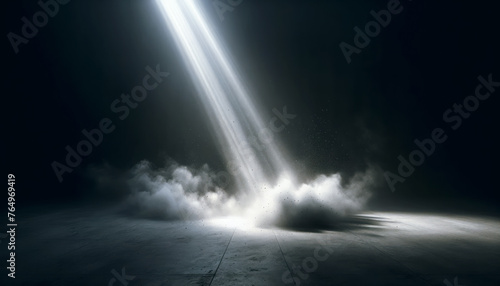 Spotlight and smoke creating a theatrical effect in a darkened room. Performance and atmosphere concept. Generative AI