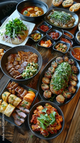 Traditional Korean Feast with Various Dishes
