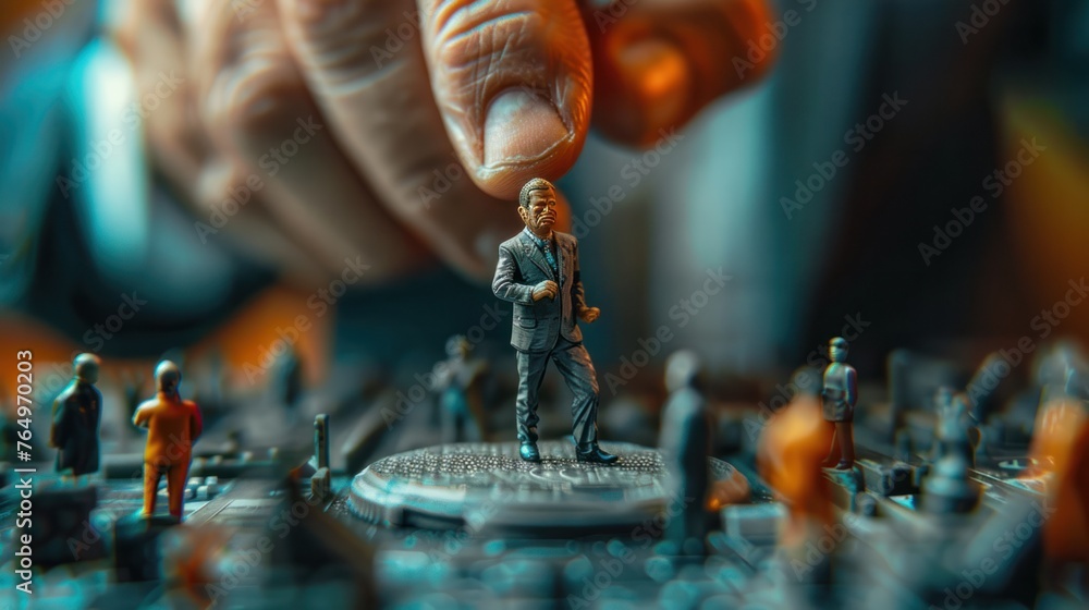 Close-up man in a suit plays with the miniature figurine of a man in a suit, The hands of those with power, politics, and corruption, Generative AI - obrazy, fototapety, plakaty 