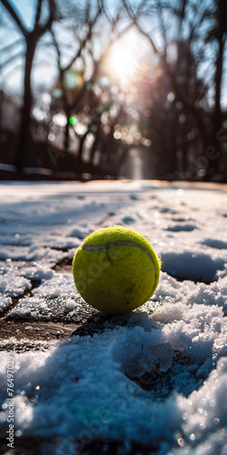 Mobile vertical wallpaper photograph of a tennis ball on a snowy park in winter. Sunshine. Story post.
