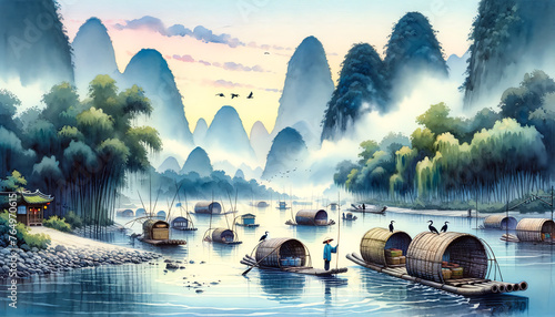 Watercolor Painting of the Li River