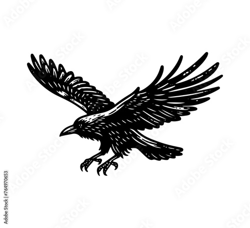 raven black and white illustration logo vector