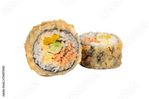 Sushi roll on a white background with Philadelphia cheese and salmon breaded with dried tuna. © Светлана Лазаренко