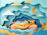Papercut style sleeping and dream concept with 3d cartoon characters.