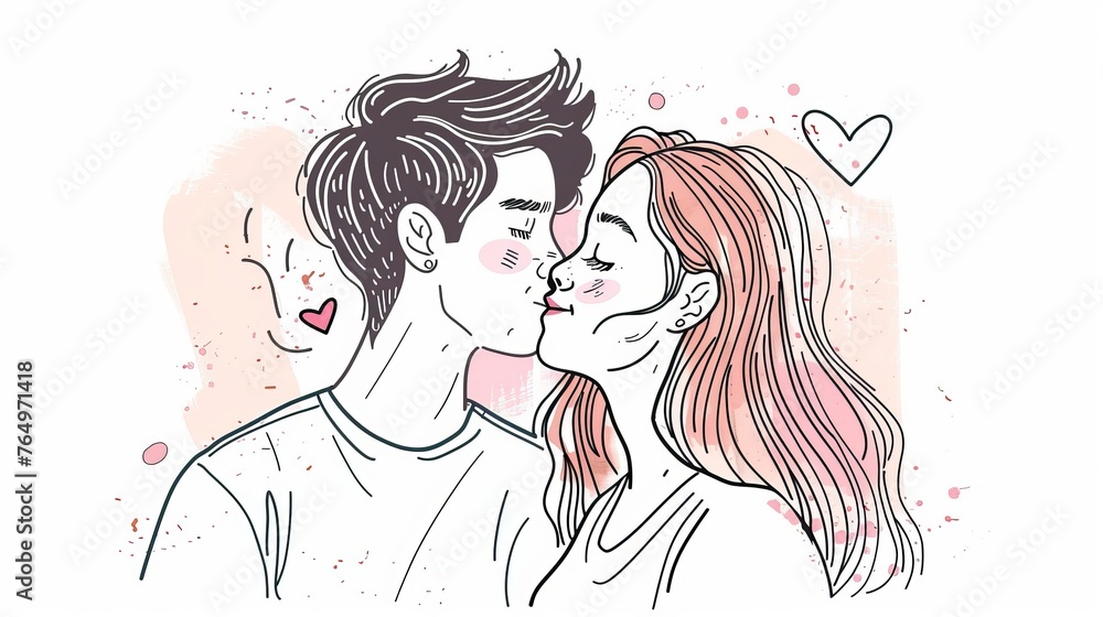 Illustrations showing a lovely couple kissing in hand drawn style.