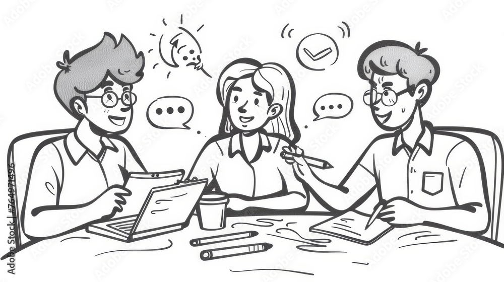 During a meeting, partners discuss documents and ideas. Illustrations in a hand drawn style for a modern doodle design.