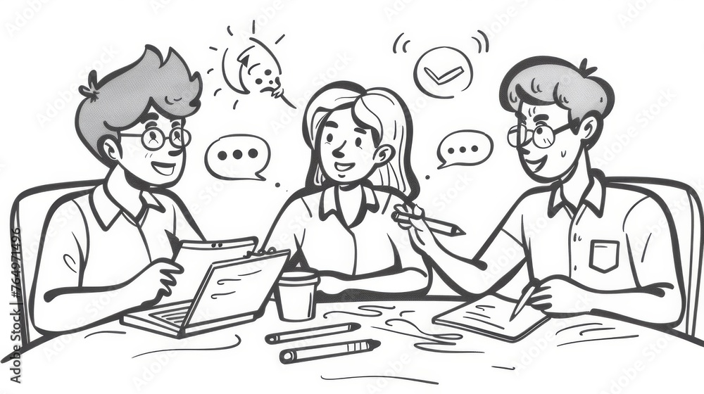 During a meeting, partners discuss documents and ideas. Illustrations in a hand drawn style for a modern doodle design. During a meeting, partners discuss documents and ideas. Illustrations in a hand drawn style for a modern doodle design.