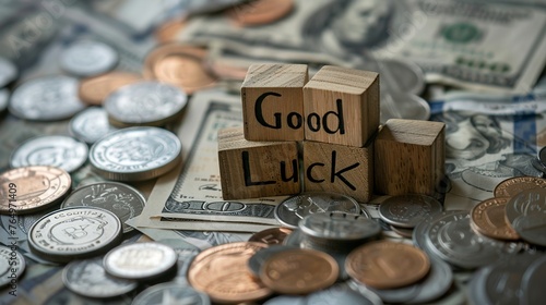 wooden blocks on top of a pile of money with words engraved saying Good Luck photo