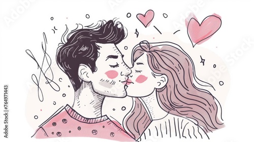 A hand drawn style modern illustration of a couple kissing.