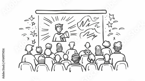 Detailed hand drawn modern doodle illustration of a speaker speaking in front of an audience.