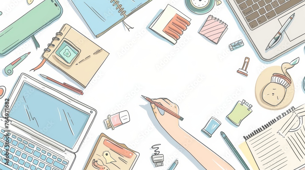 Office supplies untidy on a desk. Hand is writing something on a notebook. Flat design style modern illustration. Office supplies untidy on a desk. Hand is writing something on a notebook. Flat design style modern illustration.