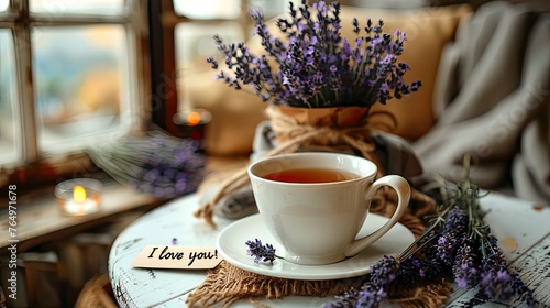 a cup of coffee resting on a white table, accompanied by a bouquet of lavender and a heartfelt note bearing the inscription I LOVE YOU for a realistic and touching photograph.