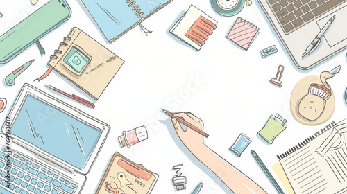 Office supplies untidy on a desk. Hand is writing something on a notebook. Flat design style modern illustration.